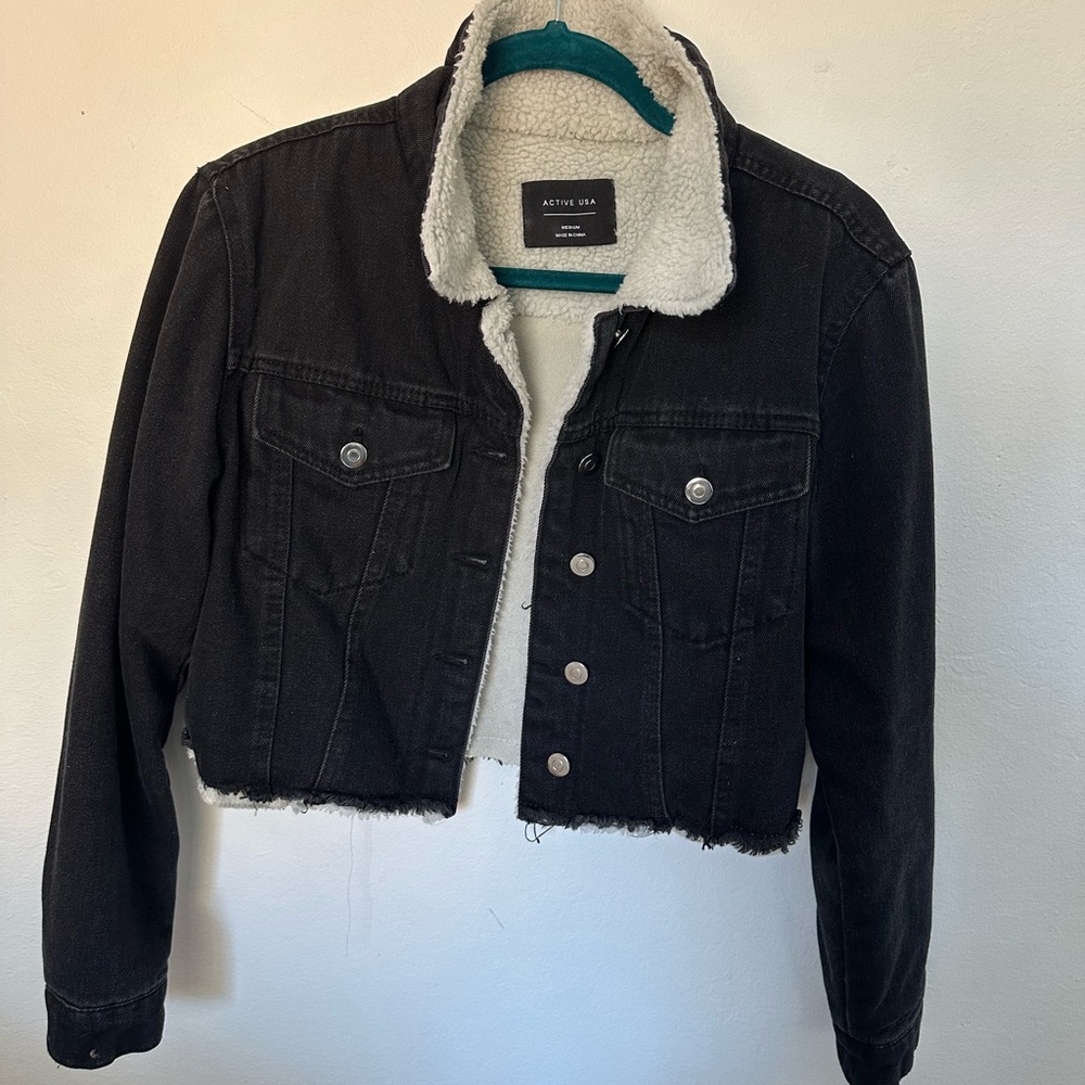 Active USA Black Denim Jacket with White Sherpa Lining